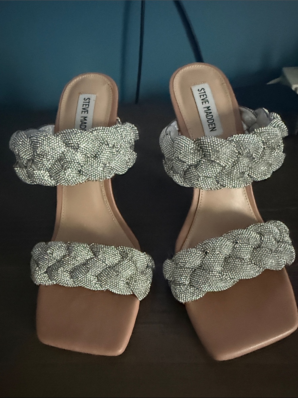 Steve Madden Silver Braided Double-Strap Heeled Slides
